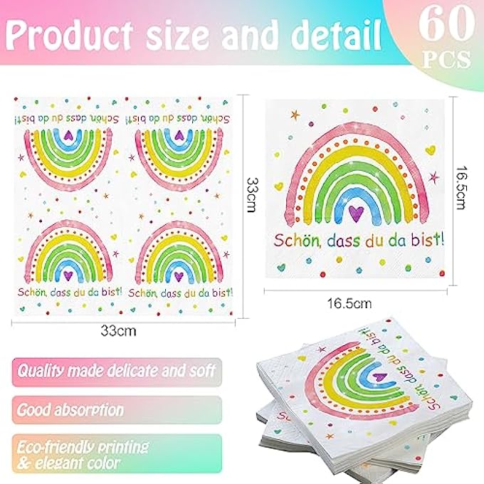 NAPKINS RAINBOW SCHN DASS DU DA BIST, PACK OF 60 NAPKINS FOR CHILDREN'S BIRTHDAY, BABY SHOWER, CHRISTENING, CONFIRMATION, COMMUNION TABLE DECORATION, FOR BOYS AND GIRLS (RAINBOW 60) - Image 3